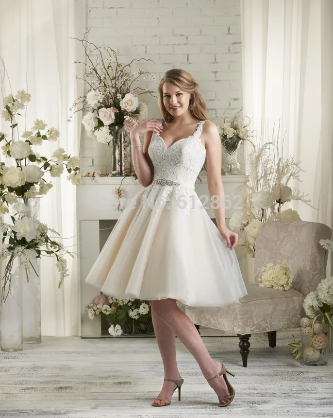 2017 Spaghetti Strap Lace Tulle Wedding Dress Short-in Wedding Dresses