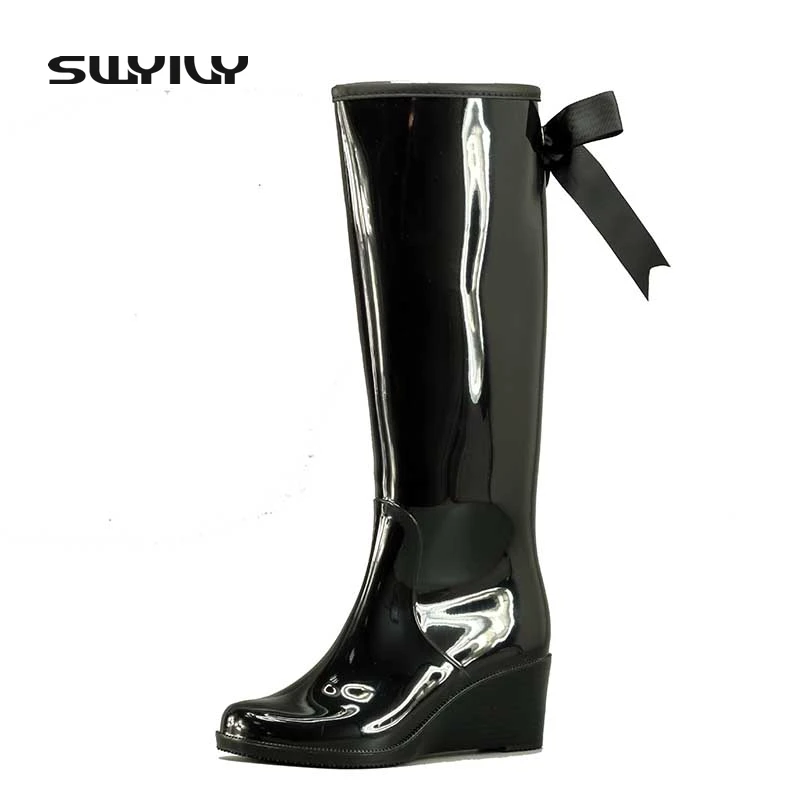 Léopard Caoutchouc Swyivy Femmes Noeud noir Pure Dames En leopard Imperméables Bottes Chaussures Talons Papillon Couleur Et Pluie Beige De Wedge Ruban aH6naqwr