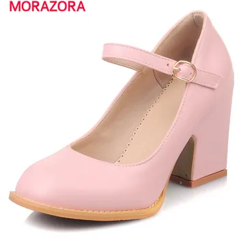 

MORAZORA 2020 Shallow single shoes woman women pumps square toe buckle high heels shoes contracted solid large size 34-48