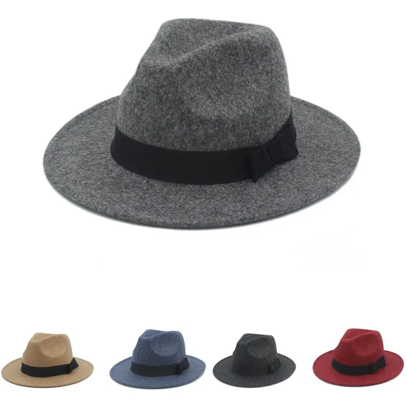 Модная женская и Мужская шерстяная мягкая фетровая шляпа с широкими полями, элегантная женская шляпа, зима-осень, джаз, церковь, Панама, шляпы сомбреро с бантом, лента