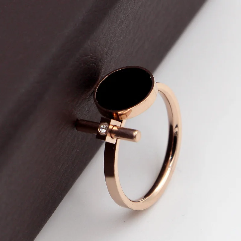 Модные Хрустальные черные круглые женские кольца с Т-образным кольцом, розовое золото, нержавеющая сталь, элегантные вечерние кольца на свадьбу