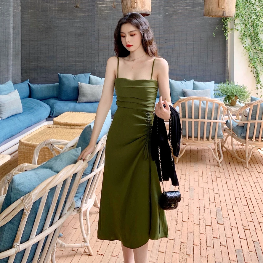 

Beach Vacation Party High Waist Elegant Drawstring Adjustable Ribbon Bustier Off Shoulder Spaghetti Strap Midi Long Dress Women