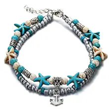 Anchor Blue Starfish Anklet Multilayer Charm Beads Sea Handmade Boho Anklet Foot Jewelry for Women Gift Wholesale