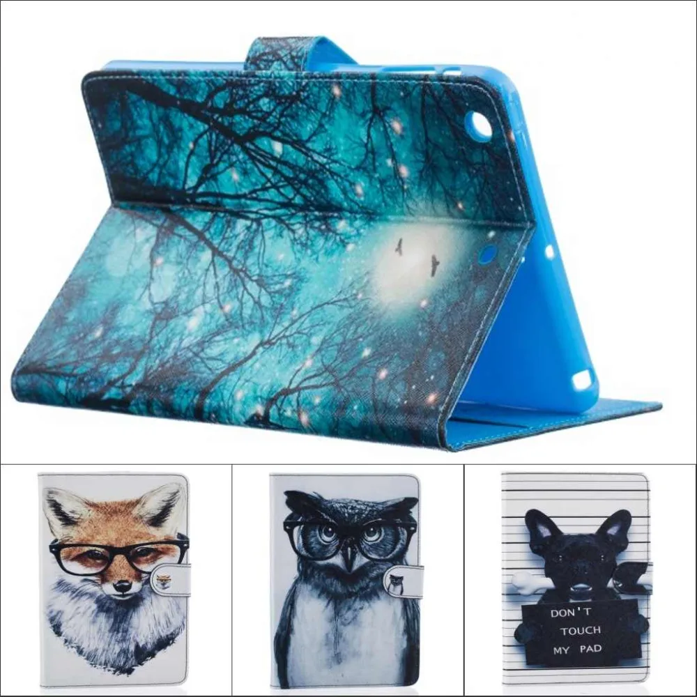 

Fashion cartoon Tree Owl Dog Cat wallet card Pu leather stand holder cover case For Ipad Mini 4 for ipad mini4 with stylus pen