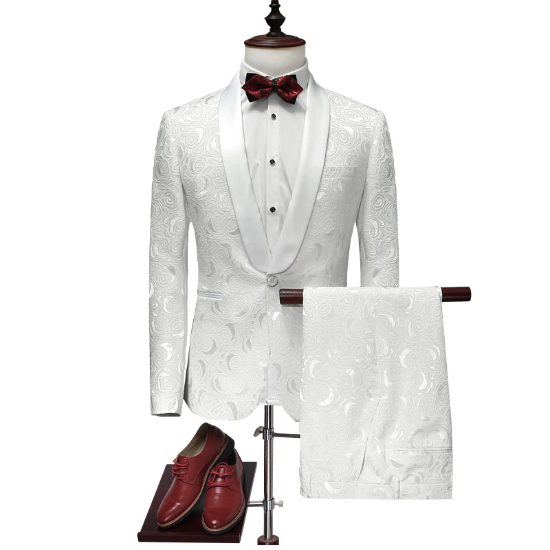 2024 Italian Mens Suits White Floral One Button Wedding Party Suits Groom Tuxedos Groomsmen 2 Piece Suit Costume Mariage Homme