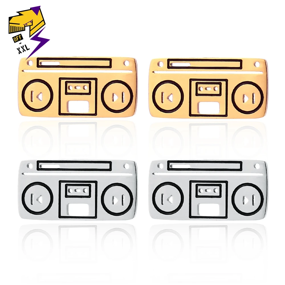 

Vintage Stainless Steel Tape Recorder Earrings Black Enamel Gold Silver Color Stud Earrings Men European Stylish Women Jewelry