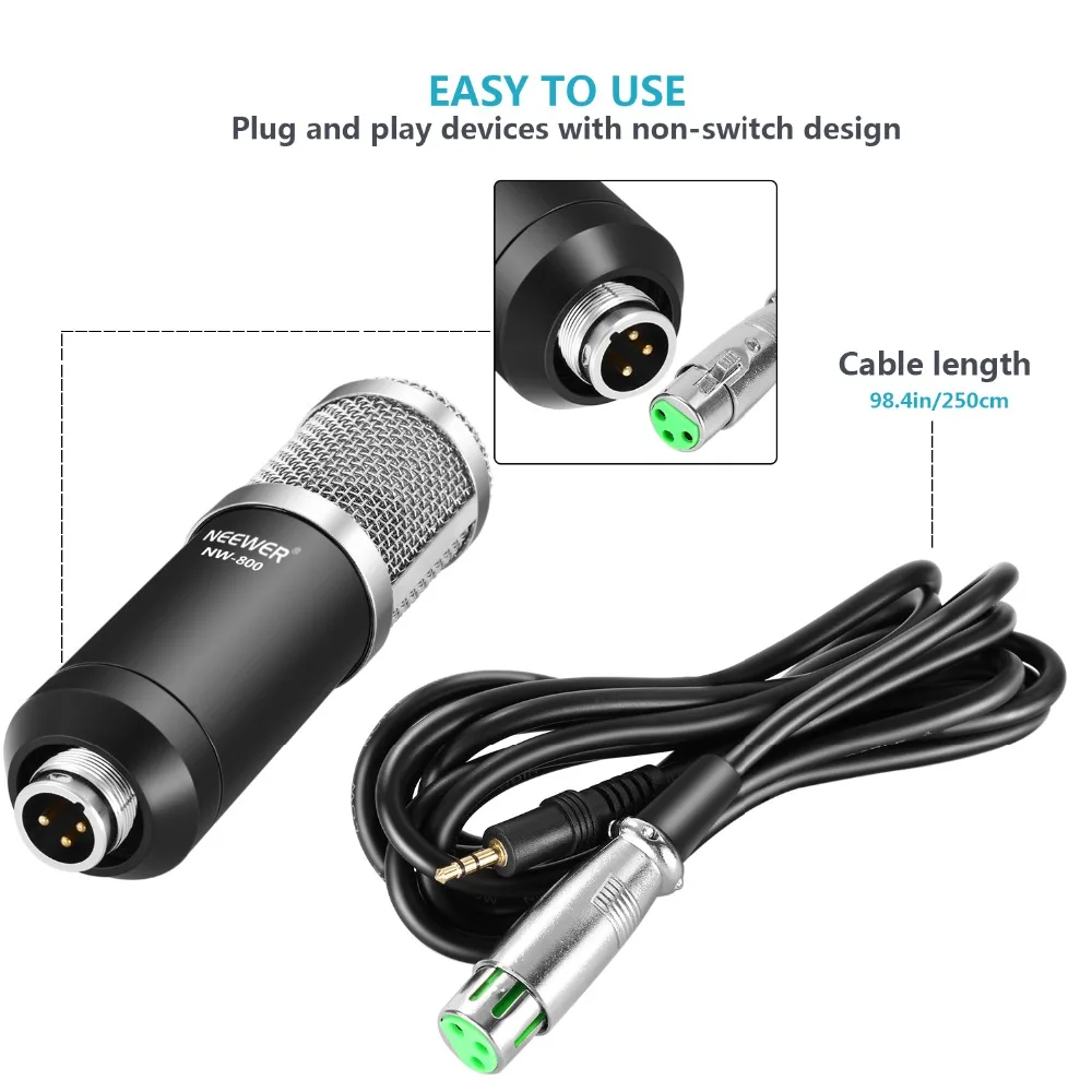 Neewer NW 800 конденсаторный микрофон (черный/серебристый) комплект с USB Звуковая карта