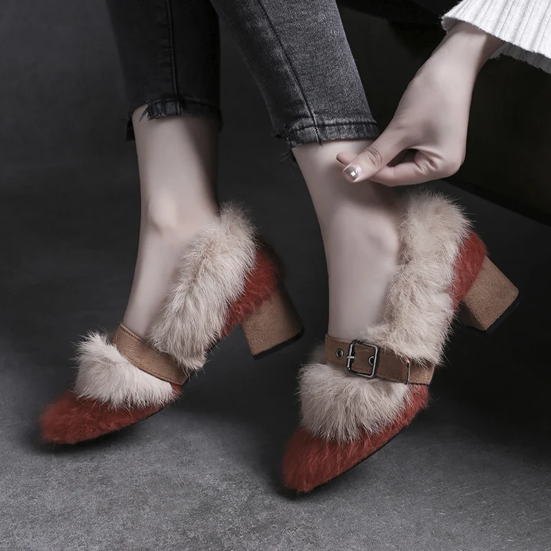 

EOEODOIT Autumn Winter Fur Woolen Pumps Shoes Women Med Square Heel Round Toe Plush Warm Heels Pumps Marry Jean Shoes Slip On