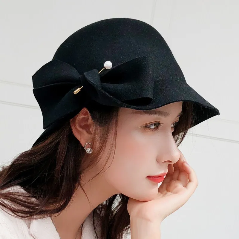 

100%Wool Pearls Felt Hat Women black Pillbox Hats Black Ladies Vintage Cocktail Fashion Wedding Derby Fedora Chapeau Femme