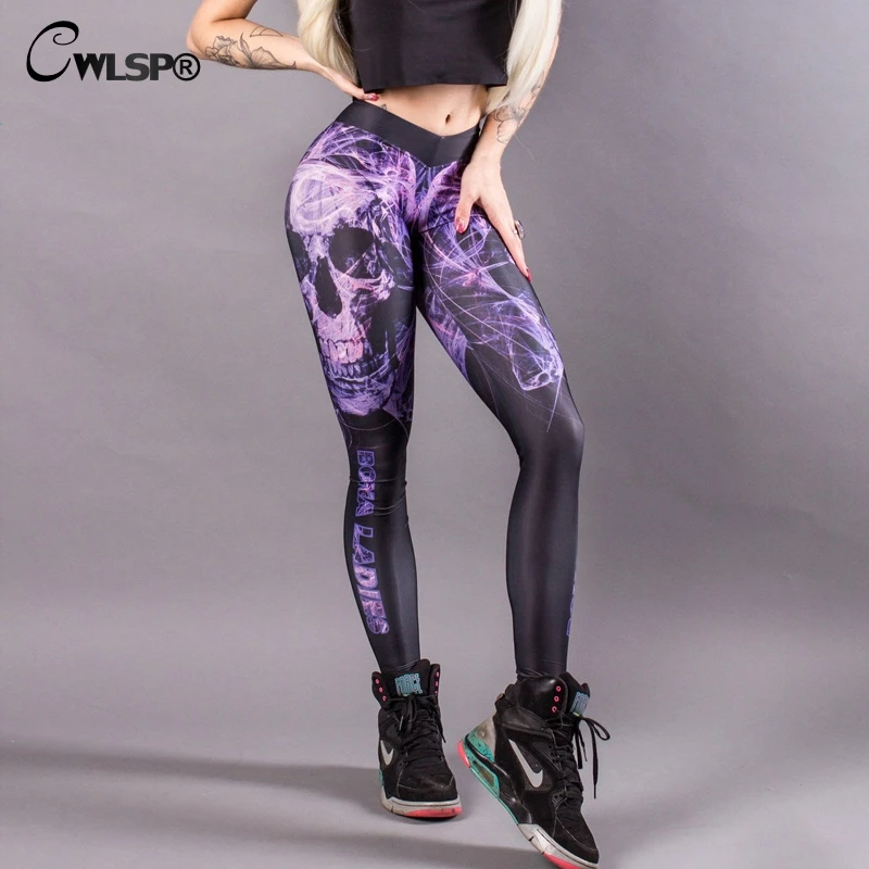 CWLSP Fitness Pants New Fashion Skull Printed Elastic