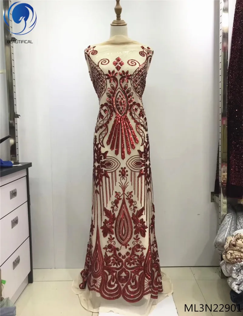 

Beautifical sequins lace fabrics 2019 high quality fabrics dress red sequin shiny net laces fabric 5yards/lot ML3N229