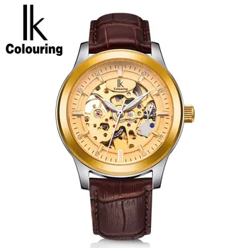 

IK Colouring Mens Watches Top Brand Luxury Auto Mechanical Skeleton Dial Leather Belt Men's Golden Watches Montre Homme