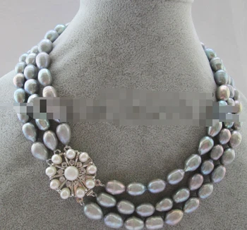 

0773 3row natural gray baroque rice shape freshwater pearl necklace