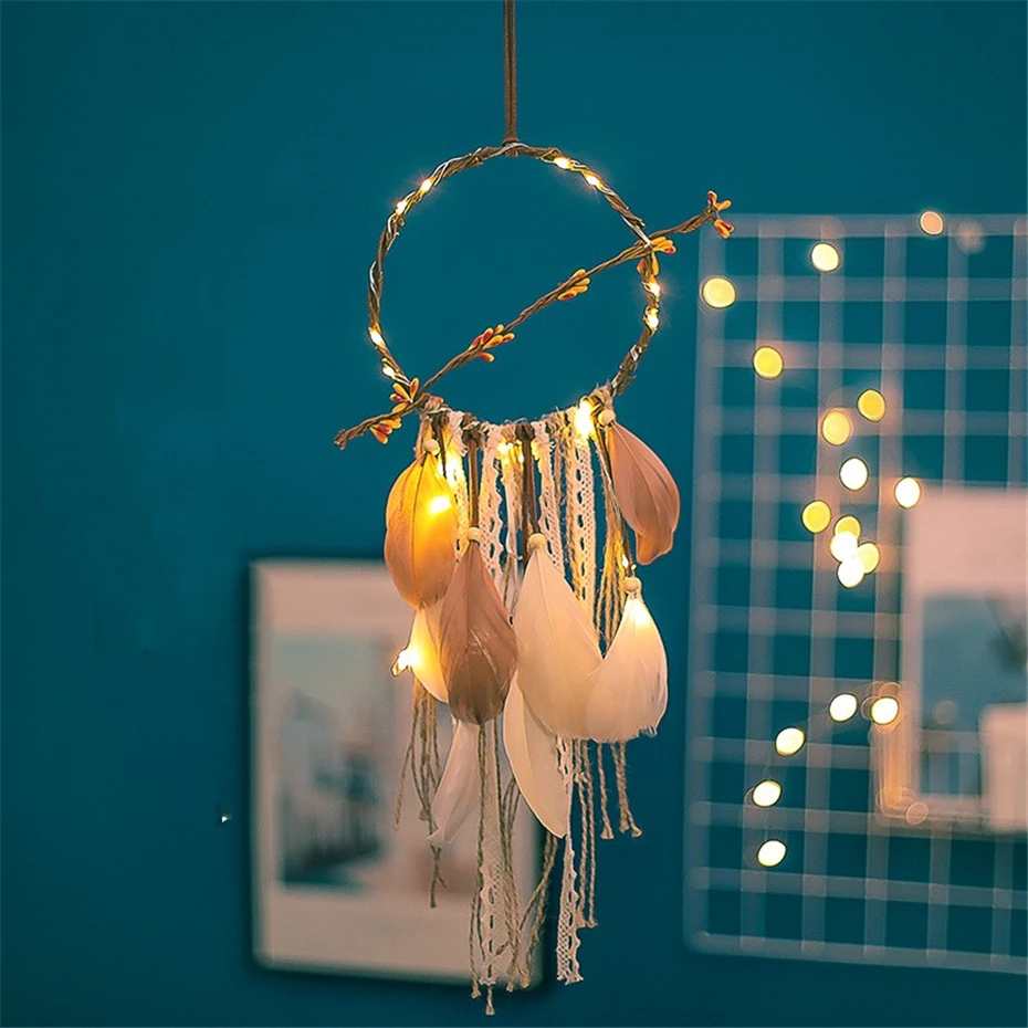 Indian Dream Catcher with Lights, Lace and Feather, Handmade Dreamcatcher for Home Traditional Decoration, White and Blue Wall Hanging image 3