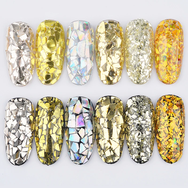 6pot/set Irregular Broken Glass Gold Sequins Nail Art Decoration Flakes Glitters 3d Nails Tips Design Manicure UV Gel Polish New