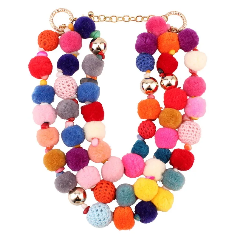 Florosy Festival Handmade Chunky Statement Necklace For Women Design Colorful Pom Pom Cotton Bead Ball Gold Chain Necklace New