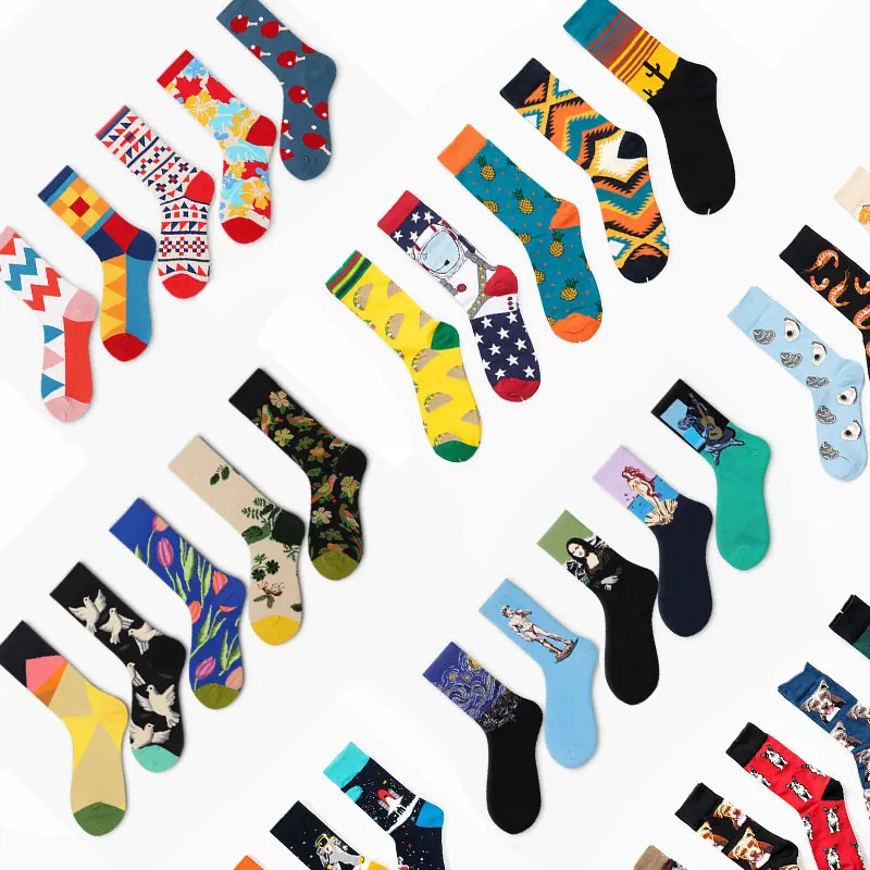 

5 Pair/Lot Art Happy Socks Funny Womens Men Colour crew cotton short with print casual harajuku fuzzy socks fashion japanese
