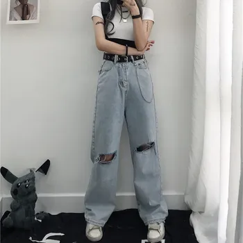 

Vintage Hole Ripped High Waist Straight Jeans Women Streetwear Hollow Out Denim Pants Casual Loose Trouser