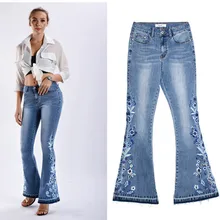 Lguc. H джинсы-клеш с вышивкой, джинсы-скинни с эффектом потертости, женские джинсы с эффектом пуш-ап, винтажные женские джинсы с цветочным принтом, размера плюс, 4xl, 3xl