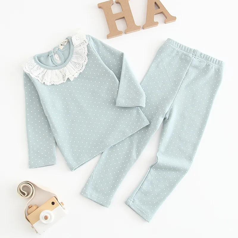 

2019 Spring Baby Girl T Shirts+pants Baby Girl Outerware Suit 2 Piece Dotted Lace Neckle Suit Pure Cotton Outfits Korean Kids