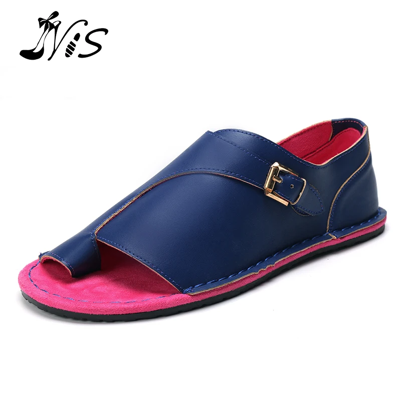 

NIS 2019 Women Flat Sandals Large Size Splicing Pure Color PU Leather Shoes Comfy Platform Flat Sole Ladies Casual Soft Big Toe