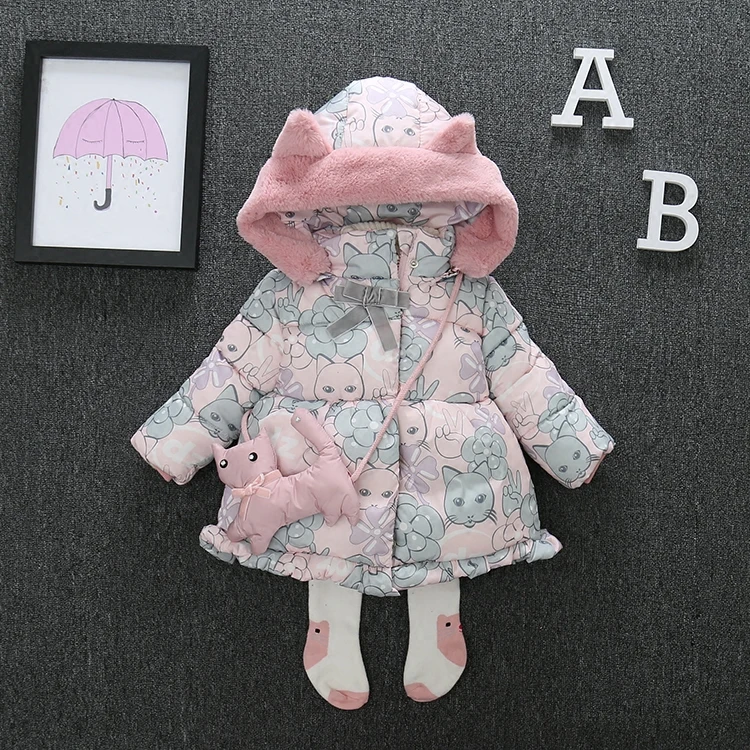 

0-5 Years Floral Print Thick Kids Girls Winter Coat Jacket Snow Wear Cute Cat Hooded Toddler Girl Parkas Down Cotton Padded Z108