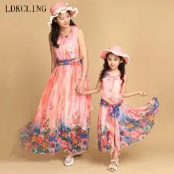 Лето, богемный стиль обувь для девочек цветочный сарафан пляжное платье Дети vestido infantil одежда мать и дочка платье цветок