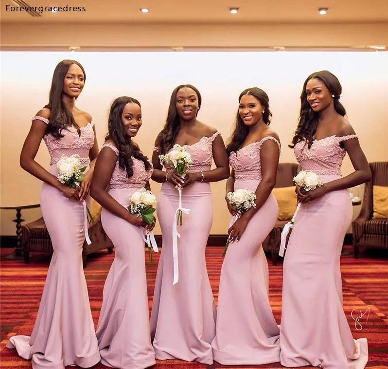 South African Girls Pink Bridesmaids Dresses For Summer Garden Bohemian Weddings Mermaid Off Shoulder Appliqued Robe longue BM0616  81 (4)