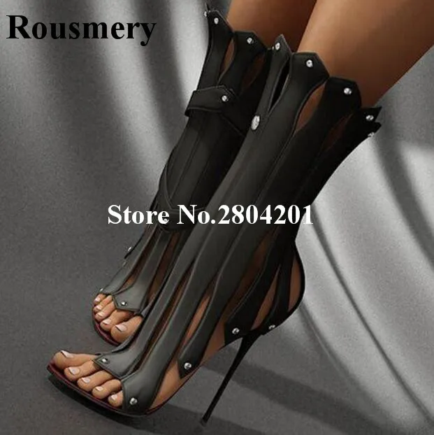 

Rousmery Botines Mujer 2018 Unique Design Cutout Summer Boots Women Fashion Gladiator Thin High Heel Open Toe Short Booties