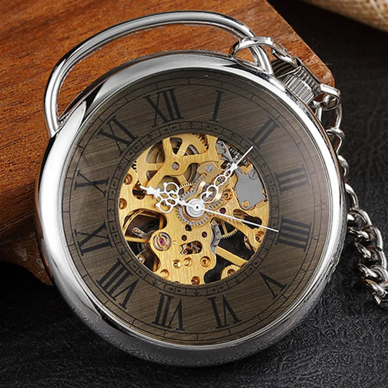 Romanos do Vintage Esqueleto de Prata Relógio de Bolso Colar para Mulheres dos Homens Algarismos Grande Mecânico Steampunk Desgin Bruxa Cadeia Presente