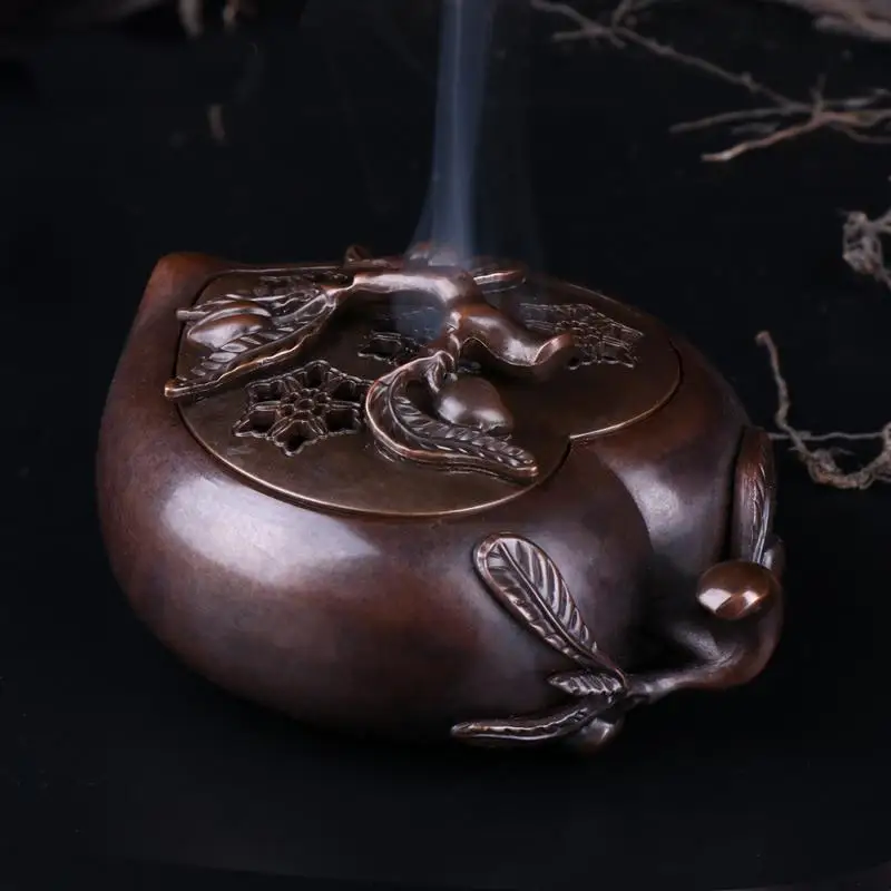 

Longevity Symbolizes Copper Color Incense Burner With Peaches Pattern Portable Hollow Ceramic Incense Blow Ornaments Home Decors