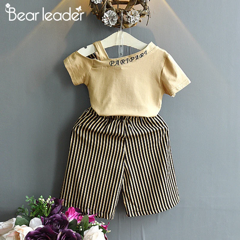 Bear leader/комплекты одежды для девочек; Одежда для девочек; модный топ с короткими рукавами+ широкие штаны в полоску; одежда для детей