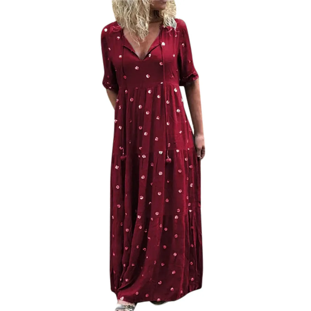 

Women Polka Dot Printed Maxi Dress Lace Ruffle Bow Loose Fashion Short Sleeve Pleated Dress High Waist V-Neck Bohemian #F