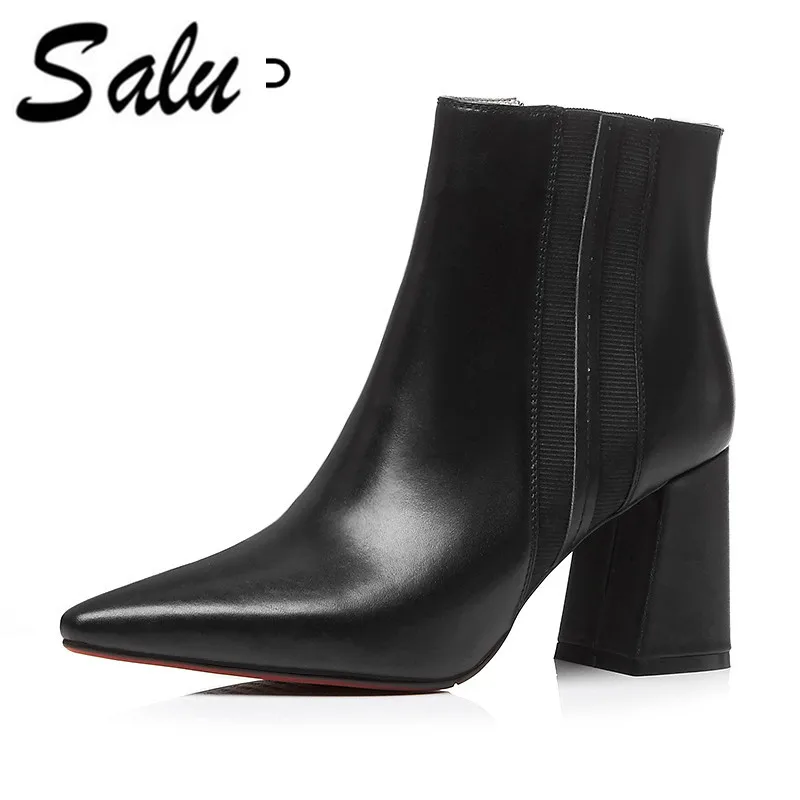 

Salu 2019 new winter ankle boots women genuine leather slip on boots square toe high heels autumn winter shoes woman plus size