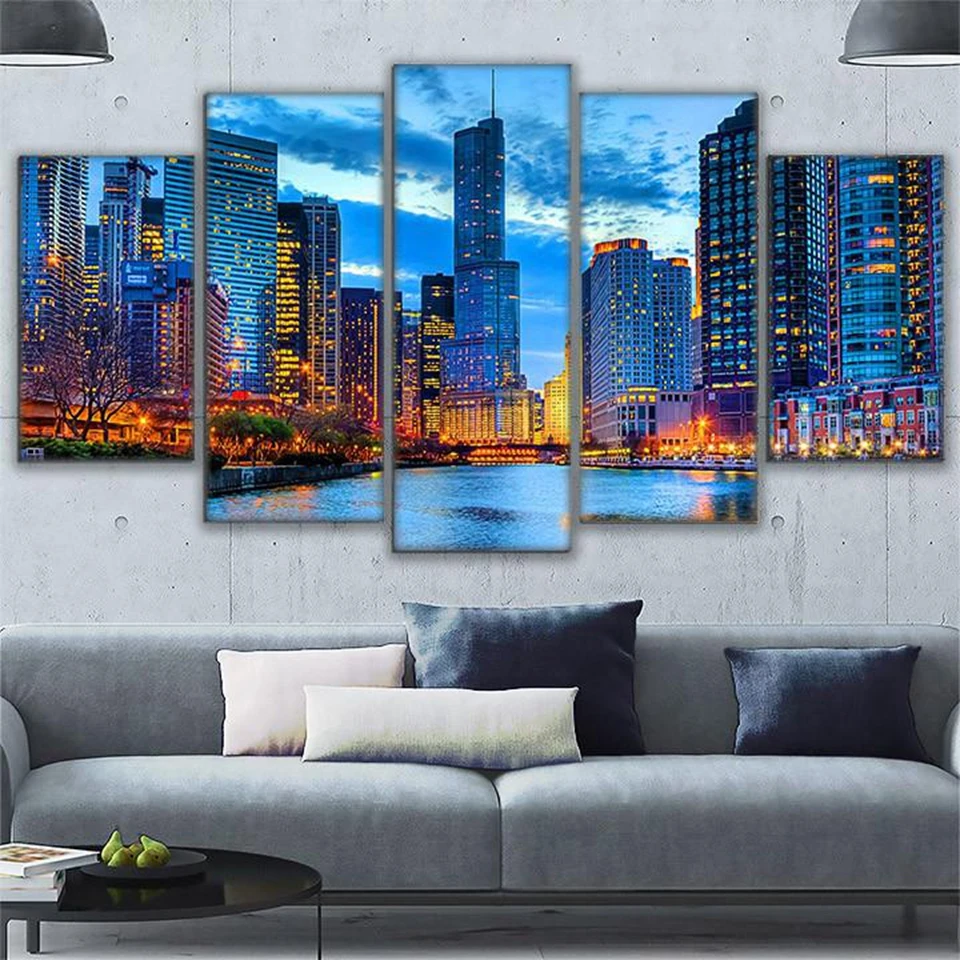 Us 9 0 5 Panels Chicago River Cityscape Canvas Prints Canvas Painting Poster Home Decor Wall Art For Living Room Frame In Painting Calligraphy