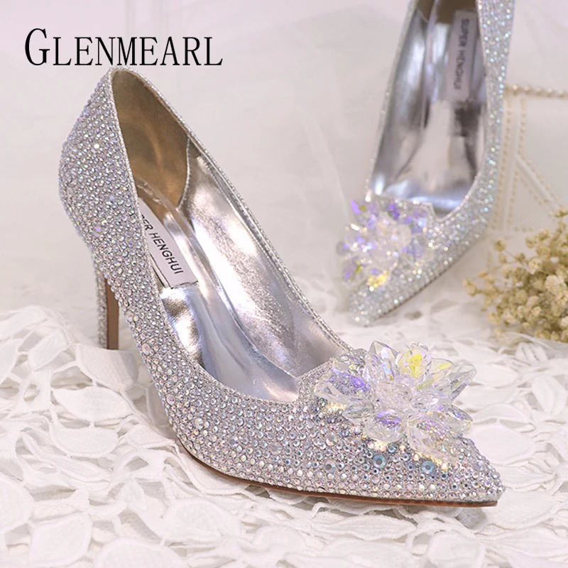 Woman Wedding Shoes High Heels Rhinestone Brand Women Pumps Luxury Pointed Toe Spring Summer Cinderella Shoes Crystal Sliver DE Woman Wedding Shoes High Heels Rhinestone Brand Women Pumps Luxury Pointed Toe Spring Summer Cinderella Shoes Crystal Sliver DE