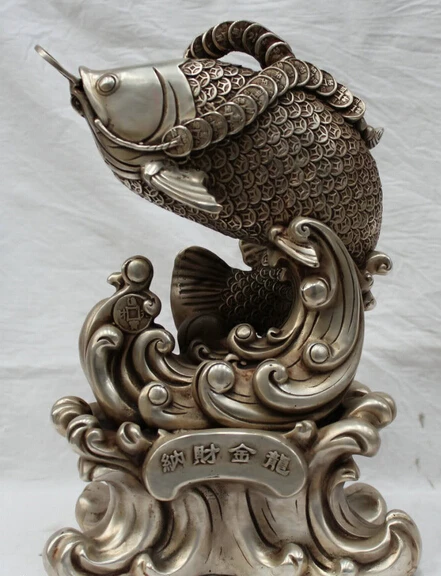 

JP S0524 12" Chinese Office Fengshui Silver Money Year Rich Wealth Dragon Fish Statue