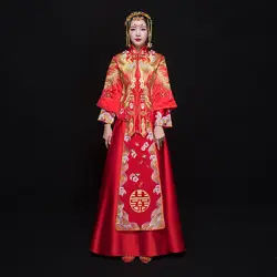 Китайский Красный Феникс Cheongsam Для женщин классический свадебное платье Винтаж Qipao Vestidos восточный женский тост Костюмы брак костюм