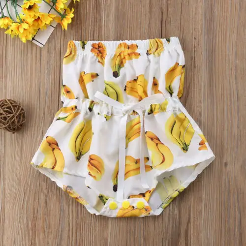 Для новорожденных одежда для малышей Девушка Банан с открытыми плечами Боди Одежда Детские Симпатичные Slash шеи Печатный Bownot Костюмы