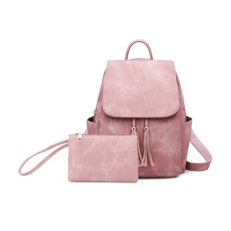 

Simple Women Backpack 2Pcs/set Travel Backpacks with Clutch Schoolbag For Teenagers Student Book PU Leather Lock Knapsack Bags