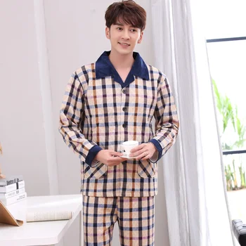 

J&Q New Male Sleepwear Cotton Pyjama Homme Hiver Plaid Double-side Cotton Sleepwear Men Winter Pyjamas Man Herren Pyjama Warm