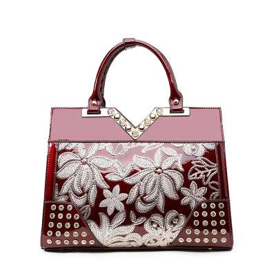 Бриллиантовая женская сумка с вышитыми цветами, блестками, Высококачественная лакированная кожа, известный бренд, сумка через плечо, женская сумка-мессенджер - Цвет: wine red big