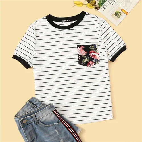 SHEIN модная футболка в полоску с цветочным принтом и карманами, женская одежда, Повседневная Эластичная летняя рубашка с круглым вырезом, женские топы - Цвет: Black and White