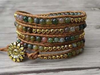 

Boho beads bracelet indian stone beads bracelet natural stone yoga bracelet 5 wraps leather jewelry