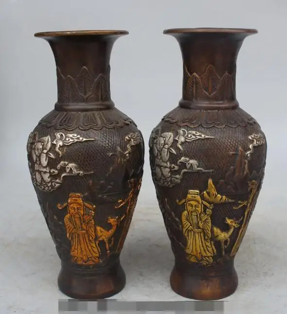 

S01461 8" Marked China FengShui Bronze Gilt Silver Fu Lu Shou Bat Deer Vase Pair Statue B0403
