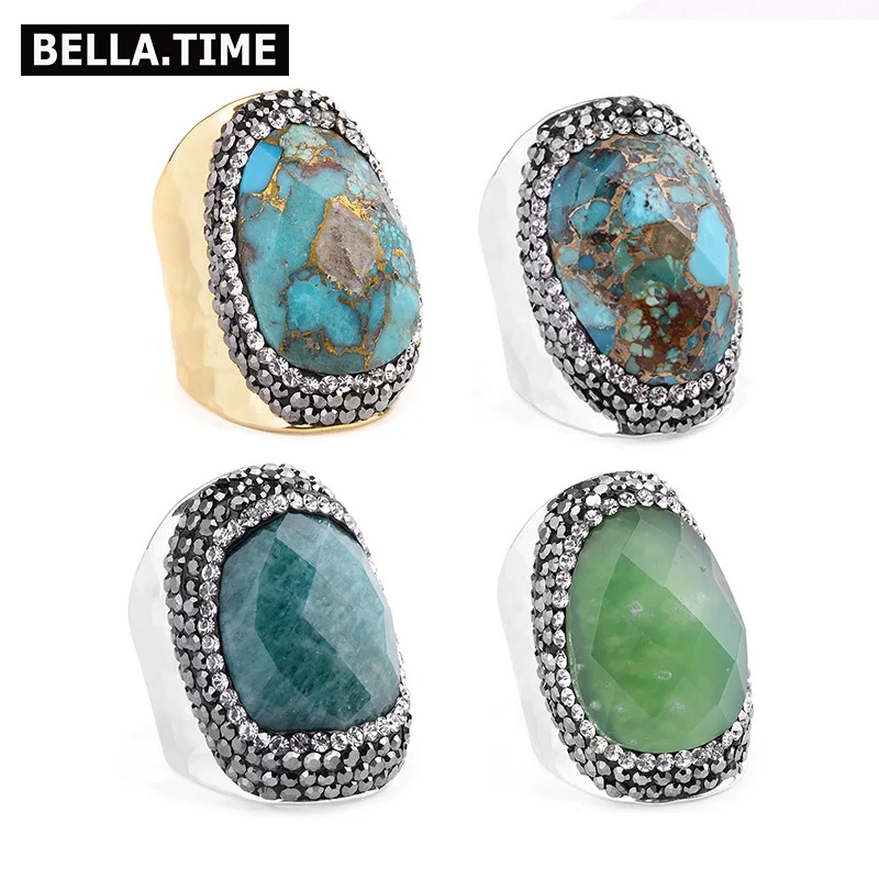 

BELLA.TIME Trendy Natural Stone Gold Silver Rings For Women Adjustable Faceted Blue Turquoises Blue Green Amazonite Rings RI29