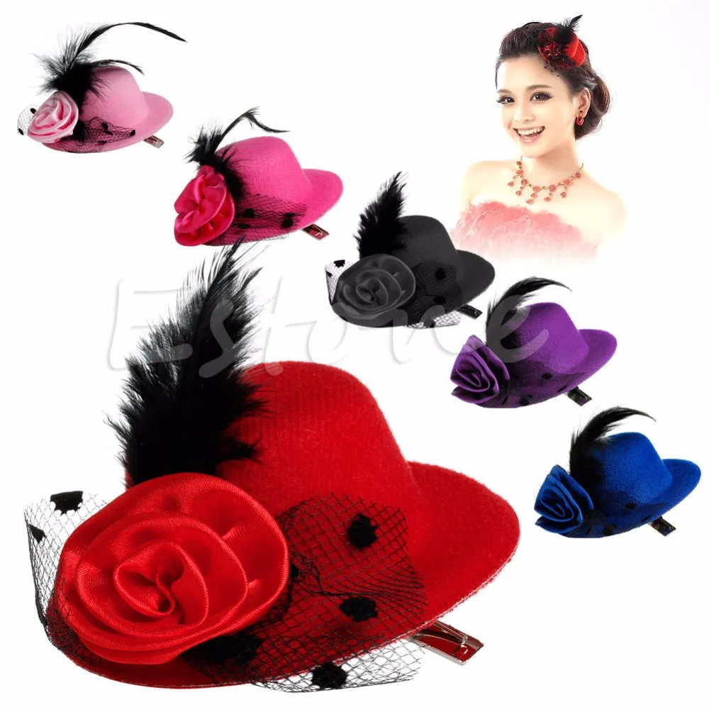 

A40 New Fashion Lady Feather Rose Mini Top Hat Cap Lace fascinator Hair Costume Accessory Clip