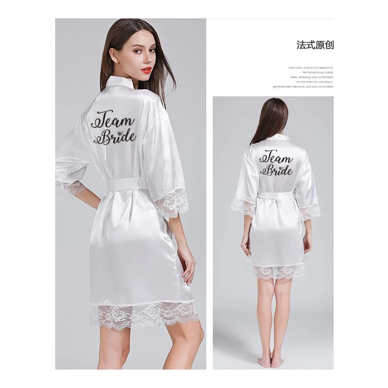 Кружевное Сексуальное Женское ночное белье плюс размер свадебное кимоно атласное шелковое женское халаты подружек невесты персонализированное имя - Цвет: White Team Bride