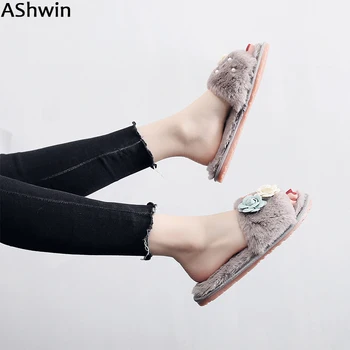 

AShwin cotton slippers women winter fall faux furry slipper woman fur slipper slides sandals flower pearls hair fluffy snowshoes