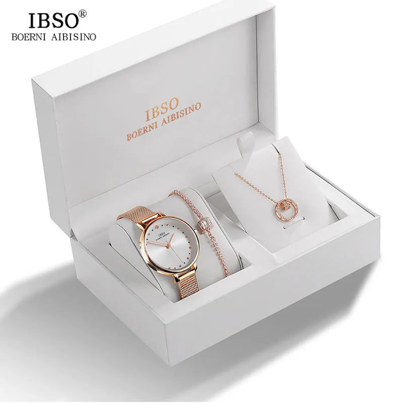 IBSO бренд Кристальные кварцевые часы для женщин браслет ожерелье набор наручные часы с металлическим ремешком женские часы в подарочной коробке - Цвет: 8689-RG-SS-X004-X006